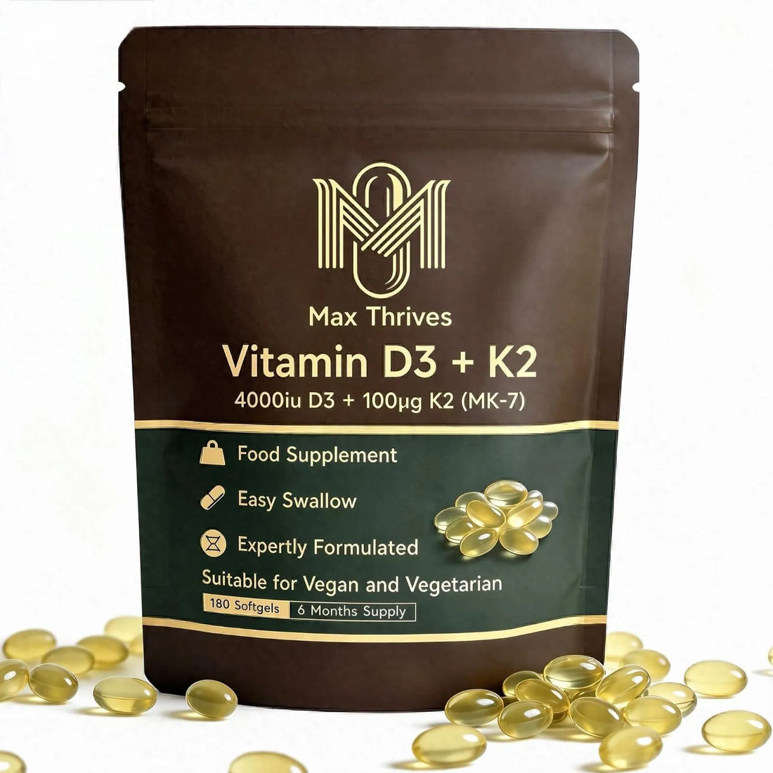 Max Thrives Vegan Vitamin D3 + K2 softgel pouch, 180 softgels, shown as an example of a high-strength vitamin D supplement label.