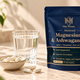 Max Thrives Advanced Magnesium and Ashwagandha supplement pouch with capsules and a glass of water