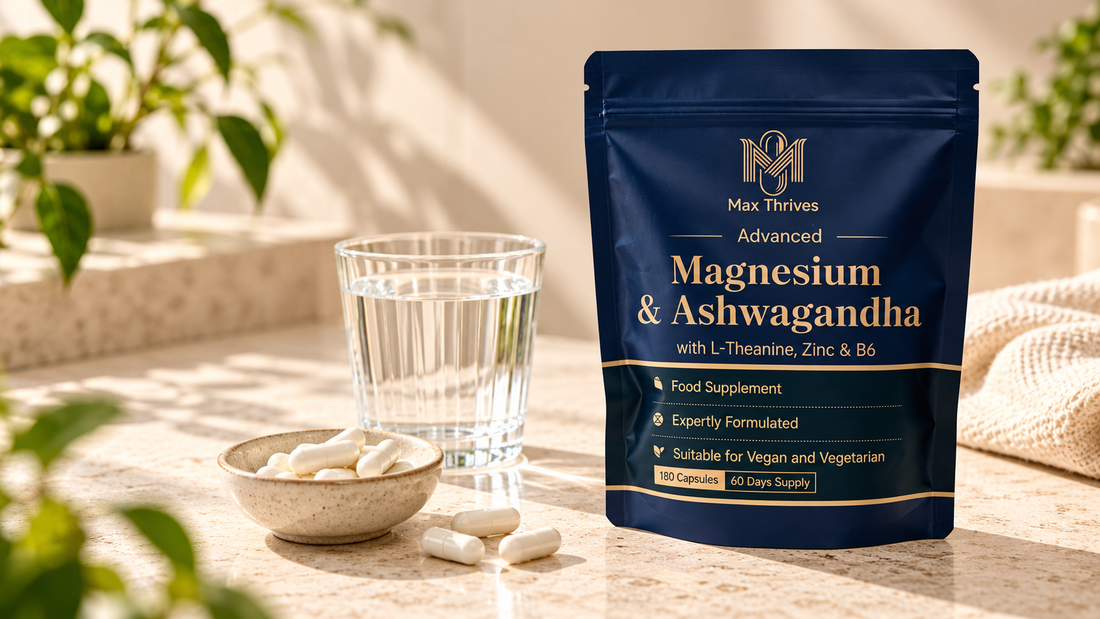 Max Thrives Advanced Magnesium and Ashwagandha supplement pouch with capsules and a glass of water