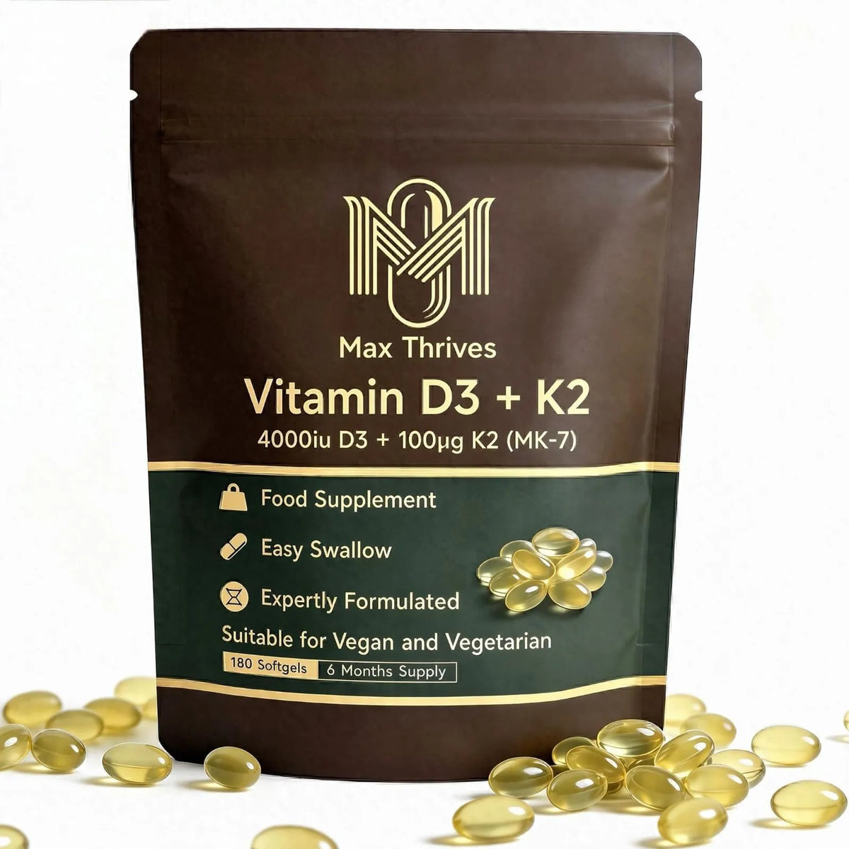 Max Thrives Vegan Vitamin D3 + K2 MK-7, 4000 IU (100 µg) Vitamin D3, 100 µg Vitamin K2, 180 Softgels, 6-Month Supply