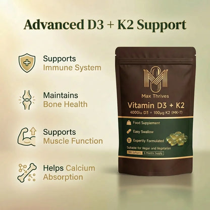 Max Thrives Vegan Vitamin D3 + K2 MK-7, 4000 IU (100 µg) Vitamin D3, 100 µg Vitamin K2, 180 Softgels, 6-Month Supply