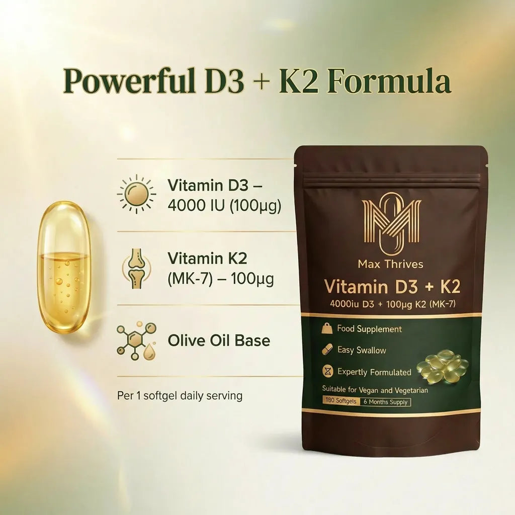 Max Thrives Daily Essentials Duo — Vegan Vitamin D3 + K2 180 Softgels & Magnesium 5-in-1 180 Vegan Capsules