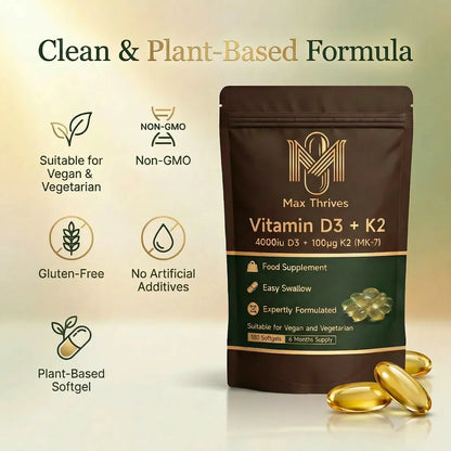 Max Thrives Vegan Vitamin D3 + K2 MK-7, 4000 IU (100 µg) Vitamin D3, 100 µg Vitamin K2, 180 Softgels, 6-Month Supply