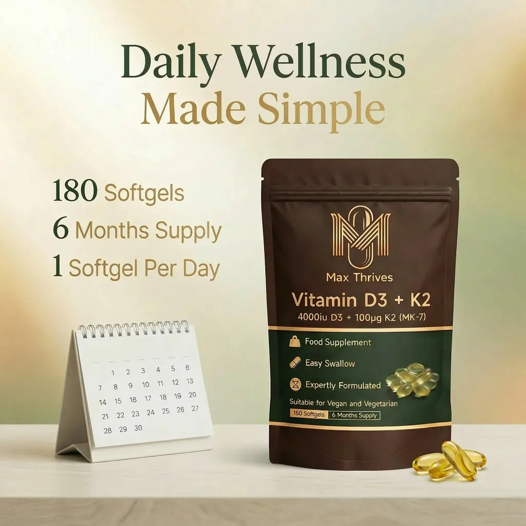 Max Thrives Vegan Vitamin D3 + K2 MK-7, 4000 IU (100 µg) Vitamin D3, 100 µg Vitamin K2, 180 Softgels, 6-Month Supply
