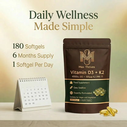 Max Thrives Vegan Vitamin D3 + K2 MK-7, 4000 IU (100 µg) Vitamin D3, 100 µg Vitamin K2, 180 Softgels, 6-Month Supply