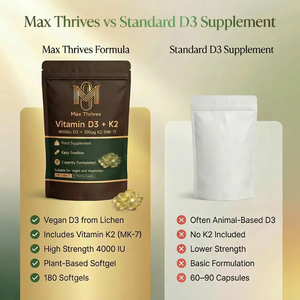 Max Thrives Vegan Vitamin D3 + K2 MK-7, 4000 IU (100 µg) Vitamin D3, 100 µg Vitamin K2, 180 Softgels, 6-Month Supply