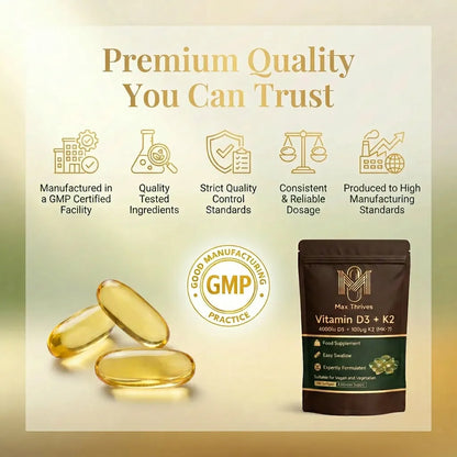Max Thrives Vegan Vitamin D3 + K2 MK-7, 4000 IU (100 µg) Vitamin D3, 100 µg Vitamin K2, 180 Softgels, 6-Month Supply