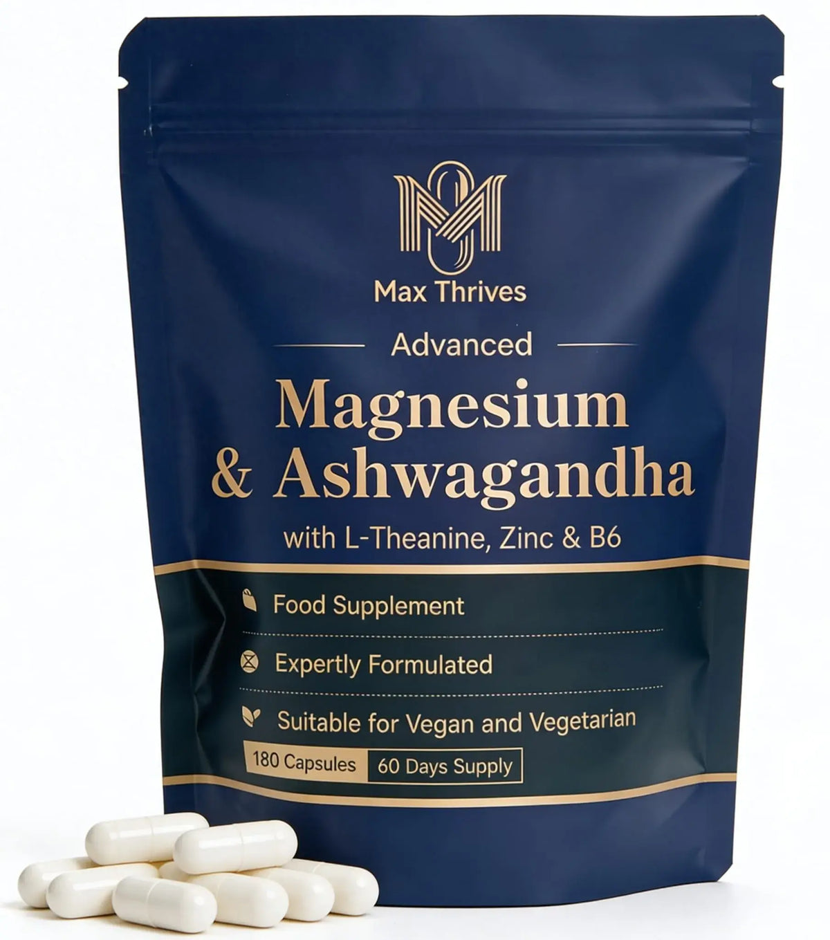 Max Thrives Magnesium 5-in-1 Complex, Magnesium Glycinate 225 mg, Zinc, Vitamin B6 P-5-P, L-Theanine & Ashwagandha Root Extract, 180 Vegan Capsules