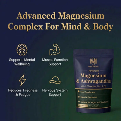 Max Thrives Magnesium 5-in-1 Complex, Magnesium Glycinate 225 mg, Zinc, Vitamin B6 P-5-P, L-Theanine & Ashwagandha Root Extract, 180 Vegan Capsules