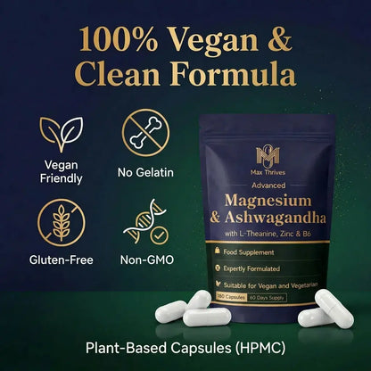 Max Thrives Magnesium 5-in-1 Complex, Magnesium Glycinate 225 mg, Zinc, Vitamin B6 P-5-P, L-Theanine & Ashwagandha Root Extract, 180 Vegan Capsules