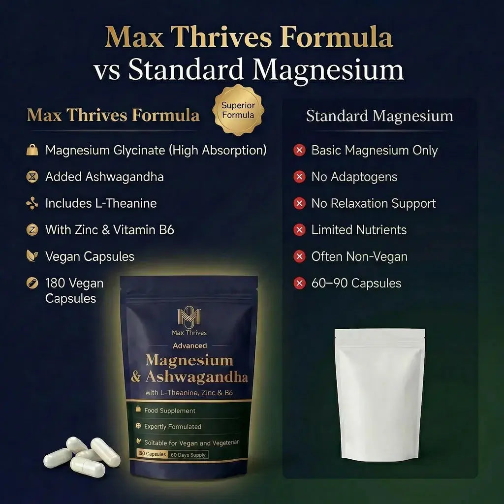 Max Thrives Magnesium 5-in-1 Complex, Magnesium Glycinate 225 mg, Zinc, Vitamin B6 P-5-P, L-Theanine & Ashwagandha Root Extract, 180 Vegan Capsules