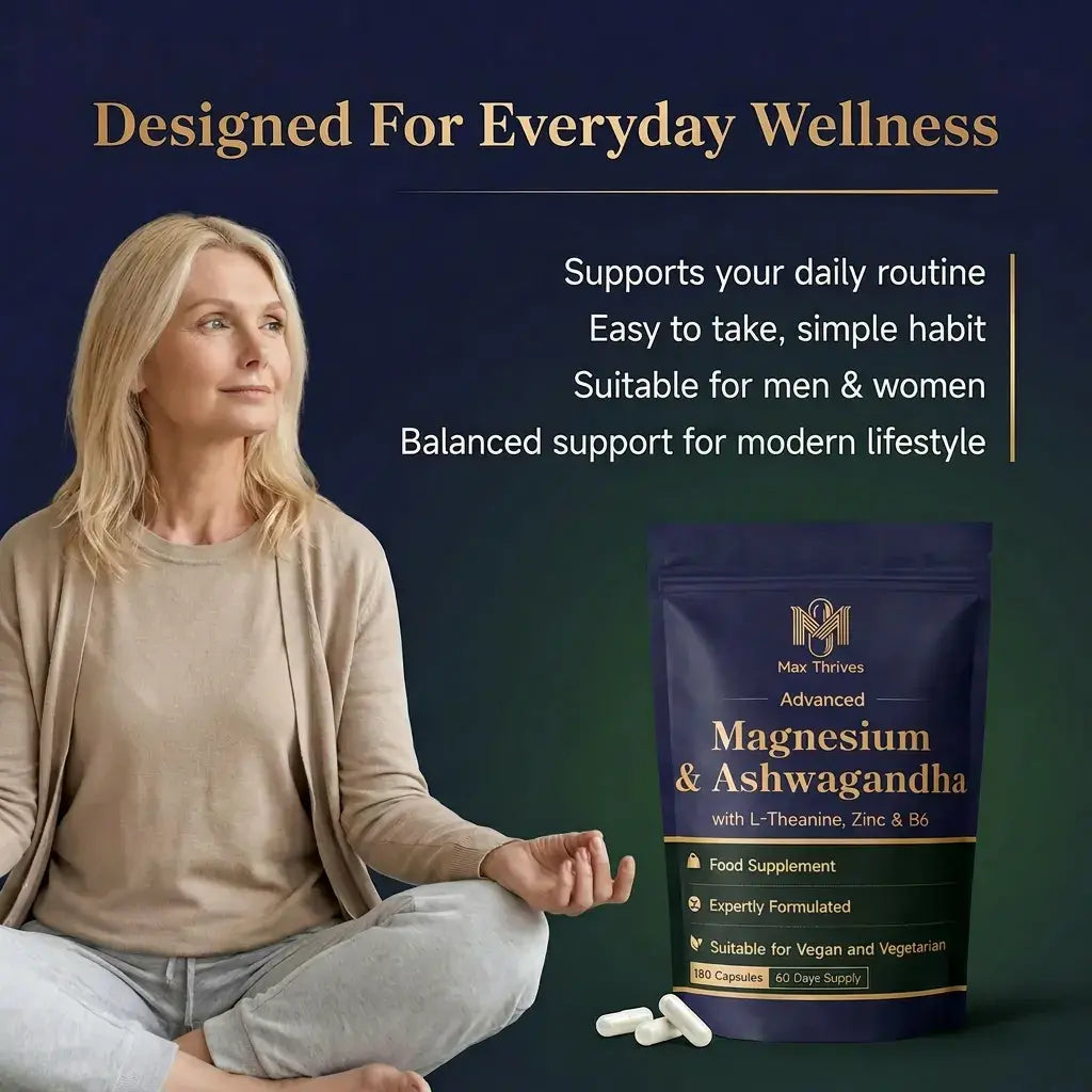 Max Thrives Magnesium 5-in-1 Complex, Magnesium Glycinate 225 mg, Zinc, Vitamin B6 P-5-P, L-Theanine & Ashwagandha Root Extract, 180 Vegan Capsules