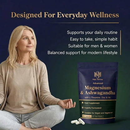 Max Thrives Magnesium 5-in-1 Complex, Magnesium Glycinate 225 mg, Zinc, Vitamin B6 P-5-P, L-Theanine & Ashwagandha Root Extract, 180 Vegan Capsules