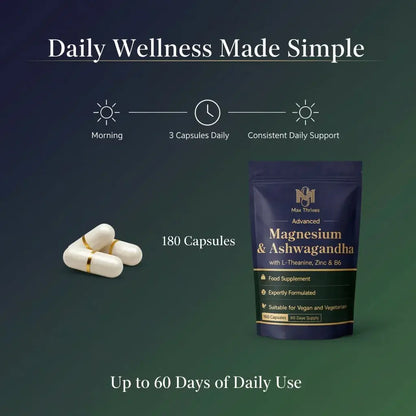 Max Thrives Magnesium 5-in-1 Complex, Magnesium Glycinate 225 mg, Zinc, Vitamin B6 P-5-P, L-Theanine & Ashwagandha Root Extract, 180 Vegan Capsules