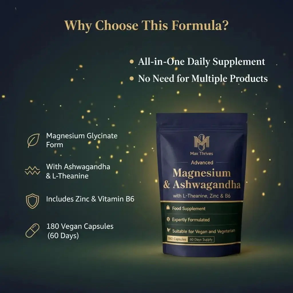 Max Thrives Magnesium 5-in-1 Complex, Magnesium Glycinate 225 mg, Zinc, Vitamin B6 P-5-P, L-Theanine & Ashwagandha Root Extract, 180 Vegan Capsules