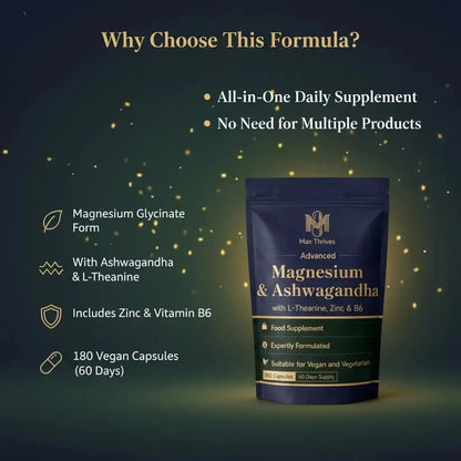 Max Thrives Magnesium 5-in-1 Complex, Magnesium Glycinate 225 mg, Zinc, Vitamin B6 P-5-P, L-Theanine & Ashwagandha Root Extract, 180 Vegan Capsules