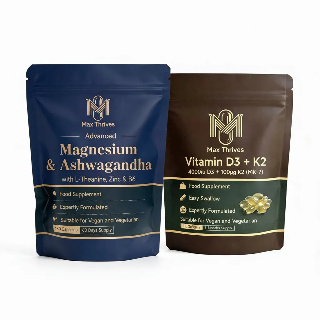 Max Thrives Daily Essentials Duo — Vegan Vitamin D3 + K2 180 Softgels & Magnesium 5-in-1 180 Vegan Capsules